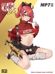 Rule 34 | 1girl, ahoge, alternate costume, breasts, candy, commentary, english commentary, food, girls&#039; frontline, gun, h&amp;k mp7, highres, j adsen, kitkat, kneeling, lollipop, machine pistol, medium breasts, mixed-language commentary, mp7 (girls&#039; frontline), navel, personal defense weapon, pom pom (clothes), ponytail, red hair, ribbon, russian commentary, shorts, solo, submachine gun, sweater, toes, turtleneck, turtleneck sweater, underboob, weapon, white leg warmers, yellow eyes