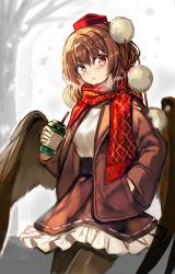 Rule 34 | 1girl, :o, alternate costume, bare tree, black pantyhose, black skirt, black wings, blouse, blush, breath, brown eyes, brown hair, brown jacket, coffee cup, commentary request, cowboy shot, cup, disposable cup, drinking straw, feathered wings, fuepo, grey background, hair between eyes, hand in pocket, hat, highres, holding, holding cup, jacket, long sleeves, looking at viewer, miniskirt, open clothes, open jacket, pantyhose, parted lips, petticoat, pom pom (clothes), red scarf, ribbon-trimmed skirt, ribbon trim, scarf, shameimaru aya, shirt, short hair, skirt, solo, standing, tokin hat, touhou, tree, white shirt, wings