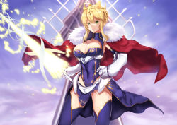 Rule 34 | 1girl, artoria pendragon (all), artoria pendragon (fate), artoria pendragon (lancer) (fate), blonde hair, braid, braided bun, breasts, cape, cleavage, cleavage cutout, clothing cutout, contrapposto, covered navel, crown, elbow gloves, fate/grand order, fate (series), fur trim, gauntlets, gloves, green eyes, hair bun, jilllxlxl, lance, large breasts, looking at viewer, magic, polearm, saber (fate), serious, solo, spear, standing, thighhighs, weapon