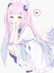 Rule 34 | 1girl, absurdres, alternate hairstyle, angel wings, black footwear, blue archive, blush, capelet, dress, feathered wings, frilled dress, frills, heart, highres, long hair, looking at viewer, mika (blue archive), open mouth, pink hair, shoes, simple background, smile, solo, spoken heart, twintails, wan du29, white background, white capelet, white dress, white wings, wings, yellow eyes