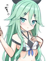 Rule 34 | 1girl, bikini, blush, bow, breasts, green eyes, green hair, hair between eyes, hair bow, hair ornament, hairclip, kantai collection, long hair, looking at viewer, one-hour drawing challenge, open mouth, romumu, simple background, small breasts, solo, swimsuit, twitter username, very long hair, white background, yamakaze (kancolle)