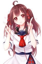 Rule 34 | 1girl, ahoge, brown hair, checkered clothes, checkered skirt, headphones, headphones around neck, heart, highres, looking at viewer, original, red eyes, school uniform, serafuku, shion (tafu), short sleeves, simple background, skirt, solo, two side up, white background