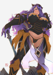 Rule 34 | 1girl, armor, artist request, axe, black armor, black panties, breasts, camilla (fire emblem), closed mouth, curly hair, female focus, fire emblem, fire emblem fates, gauntlets, hair over one eye, highres, large breasts, lips, long hair, looking at viewer, matching hair/eyes, nintendo, panties, purple eyes, purple hair, signature, simple background, smile, solo, standing, thong, tiara, underwear, very long hair, wavy hair, weapon, white background