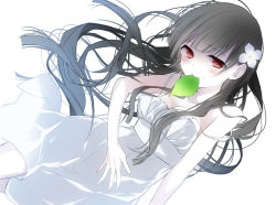 Rule 34 | 10s, 1girl, bare shoulders, black hair, blush, dress, flower, hair flower, hair ornament, hydrangea, leaf, long hair, looking at viewer, mouth hold, naoto (tulip), off shoulder, red eyes, sanka rea, sankarea, smile, solo, white dress, zombie