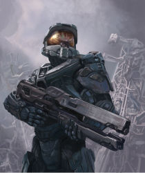 Rule 34 | 1boy, acr-920, armor, carbine, gun, halo (game), halo (series), halo 4, helmet, highres, magnetic weapon, male focus, master chief, oniking, power armor, power suit, railgun, rifle, science fiction, solo, standing, weapon