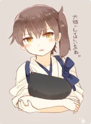 Rule 34 | 10s, 1girl, artist name, blush, brown eyes, brown hair, collarbone, crossed arms, frown, hair between eyes, hair tie, ina (1813576), japanese clothes, kaga (kancolle), kantai collection, kimono, long hair, looking at viewer, muneate, side ponytail, simple background, solo, tasuki, translation request, upper body, white kimono