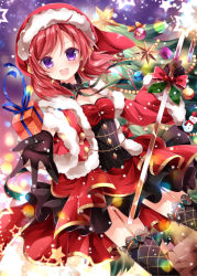 Rule 34 | 10s, 1girl, black gloves, black thighhighs, christmas tree, detached sleeves, dress, frilled dress, frills, garter straps, gloves, hat, holding, long hair, looking at viewer, love live!, love live! school idol festival, love live! school idol project, nishikino maki, nogi takayoshi, open mouth, purple eyes, red hair, red hat, santa hat, solo, strapless, strapless dress, thighhighs