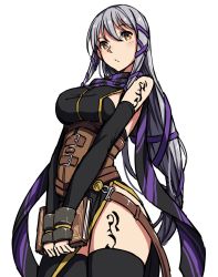 Rule 34 | 1girl, bare shoulders, belt, brown eyes, clair lasbard, corset, elbow gloves, gloves, highres, looking at viewer, nagioka, side slit, simple background, solo, star ocean, star ocean till the end of time, tattoo, thighhighs, white background