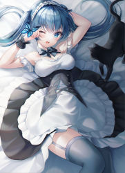 Rule 34 | 0v0 (l seohui), 1girl, ;o, absurdres, animal, apron, arm behind head, arm garter, armpits, arms up, bare shoulders, bed sheet, black bow, black cat, blue eyes, blue hair, bow, bowtie, breasts, bug, butterfly, cat, detached collar, dress, floating hair, frilled cuffs, frills, garter straps, grey thighhighs, highres, insect, long hair, looking at viewer, lying, maid, maid apron, maid headdress, medium breasts, off-shoulder dress, off shoulder, on back, on bed, one eye closed, open mouth, original, solo, teeth, thighhighs, underbust, upper teeth only