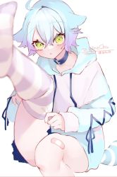 Rule 34 | 1boy, bandaid, blue hair, blush, collar, green eyes, highres, hinamori (18ar0), hood, hood down, indie virtual youtuber, linechu, looking at viewer, male focus, second-party source, short hair, sleeves past wrists, solo, striped clothes, striped legwear, striped thighhighs, thighhighs, trap, virtual youtuber, wavy hair