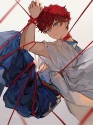 Rule 34 | 1boy, absurdres, amagi hiiro, blue eyes, blue hakama, bound, bound wrists, collar, earrings, ensemble stars!, etiv, feet out of frame, from side, grey background, hakama, highres, japanese clothes, jewelry, knees up, long sleeves, looking at viewer, looking to the side, male focus, red hair, restrained, short hair, solo, string, sweat, tied up (nonsexual), twitter username, weibo watermark, wide sleeves