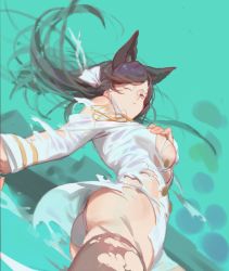 Rule 34 | 1girl, animal ears, ass, atago (azur lane), azur lane, bad id, bad pixiv id, black hair, black thighhighs, breasts, closed mouth, commentary request, covering privates, covering breasts, floating hair, fox ears, hair ribbon, large breasts, long hair, military, military uniform, one eye closed, panties, red cucumber, ribbon, shirt, solo, thighhighs, torn clothes, torn shirt, torn thighhighs, underwear, uniform, white panties, white ribbon