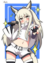 Rule 34 | 1girl, :d, absurdres, animal ears, arknights, artist name, belt, black gloves, black outline, blush, border, brown eyes, cel shading, clothes writing, commentary request, contrapposto, cowboy shot, crop top, cropped jacket, eighth note, elbow gloves, eyes visible through hair, fingerless gloves, gloves, grey hair, grey tail, grin, hand up, hendra, high collar, highres, holding, holding microphone, horse ears, horse girl, horse tail, jacket, long hair, looking at viewer, microphone, midriff, musical note, navel, open mouth, outline, outside border, outstretched arm, platinum (arknights), short shorts, shorts, sidelocks, signature, smile, solo, sparkle, split mouth, standing, tail, v, white belt, white border, white jacket, white shorts