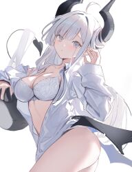 Rule 34 | 1girl, ahoge, ass, bar (place), black horns, black wings, bra, breasts, cleavage, collared shirt, creature, demon girl, demon horns, demon tail, demon wings, grey eyes, highres, horns, lace, lace bra, leaning, leaning to the side, long hair, long sleeves, looking at viewer, low wings, medium breasts, midriff, midriff peek, miebao, no pants, off shoulder, original, shirt, simple background, solo, tail, unbuttoned, underwear, white background, white bra, white hair, white shirt, wings