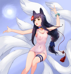 Rule 34 | 1girl, ahri (league of legends), animal ears, bell, black hair, blue hair, blush, bookseve, bracelet, breasts, character name, chestnut mouth, collar, copyright name, covered navel, female focus, flat chest, flower, fox ears, fox tail, hair flower, hair ornament, hibiscus, jewelry, jingle bell, kitsune, kyuubi, league of legends, long hair, looking away, multiple tails, navel, neck bell, nipples, one-piece swimsuit, open m/, open mouth, school swimsuit, see-through, sky, solo, sun, swimsuit, tail, thigh strap, very long hair, white one-piece swimsuit, white school swimsuit, yellow eyes