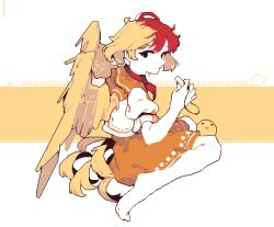 Rule 34 | 1girl, 4qw5, ascot, barefoot, bird, bird tail, blonde hair, chick, dress, feathered wings, full body, looking at viewer, looking back, multicolored hair, niwatari kutaka, orange dress, puffy short sleeves, puffy sleeves, red ascot, red hair, short hair, short sleeves, solo, tail, touhou, two-tone hair, vest, white vest, wings, yellow tail, yellow wings