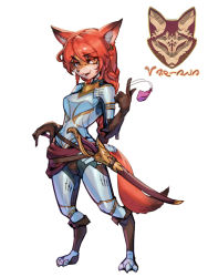 Rule 34 | 1girl, animal ears, armor, breastplate, breasts, colored skin, earrings, fox ears, fox girl, fox tail, freckles, full body, furry, furry female, grey background, hand up, highres, jewelry, large breasts, long hair, looking at viewer, multicolored skin, orange hair, original, phantom ix row, sheath, sheathed, shoulder plates, simple background, solo, standing, sword, tail, two-tone skin, weapon
