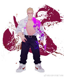 Rule 34 | 1boy, abs, artist request, bara, bare pectorals, blonde hair, blood, blood splatter, bodypaint, collared shirt, dorohedoro, frown, full body, hammer, highres, holding, holding hammer, large pectorals, male focus, muscular, muscular male, navel, nike (company), open clothes, open shirt, paint splatter, pectorals, shin (dorohedoro), shirt, shoes, short hair, sideburns, sneakers, solo, stomach, strongman waist, stylized blood, thick eyebrows