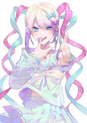 Rule 34 | 1girl, absurdres, blonde hair, blue bow, blue eyes, blue hair, blue nails, blue shirt, blue skirt, bow, chouzetsusaikawa tenshi-chan, hair bow, hair ornament, hand to own mouth, highres, holographic clothing, licking, long hair, long sleeves, looking at viewer, lsd, multicolored hair, multicolored nails, nail polish, needy girl overdose, open mouth, pink bow, pink hair, pink nails, pleated skirt, purple bow, quad tails, sailor collar, school uniform, serafuku, shirt, simple background, skirt, smile, solo, tefco, tongue, tongue out, twintails, very long hair, white background, yellow bow, yellow nails