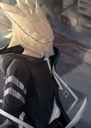 Rule 34 | 12f (arknights), 1boy, arknights, artist name, bakedmochi, black jacket, blurry, blurry background, hands in pockets, highres, hood, hood down, hooded jacket, jacket, jewelry, male focus, necklace, solo, standing, yellow eyes