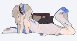 Rule 34 | 1girl, arm support, bandaid, bandaid on leg, bare shoulders, black cat, blonde hair, blue gloves, blue ribbon, book, buttons, cat, closed mouth, dress, frilled dress, frills, from side, full body, gloves, hair ribbon, legs up, long hair, lying, on stomach, open book, original, reading, ribbon, shoes, short dress, simple background, sleeveless, sleeveless dress, solo, two side up, uwabaki, white dress, white footwear, white leg warmers, yellow eyes, yuzuriha (yuzuliha yuli)