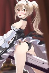 Rule 34 | 1girl, arm warmers, ass, ayanami (azur lane), ayanami (nightfall raiment) (azur lane), azur lane, bare shoulders, between legs, black bow, black dress, black panties, blonde hair, blurry, blurry background, blurry foreground, blush, bow, breasts, clothes lift, detached sleeves, dress, embarrassed, feet out of frame, female masturbation, from behind, highres, layered skirt, long hair, long skirt, looking at viewer, looking back, masturbation, narrowed eyes, no legwear, ootani nonno, open mouth, panties, pantyshot, ponytail, red eyes, shoulder blades, side-tie panties, sideboob, sidelocks, skirt, skirt lift, solo, surprised, sword, tsurime, underwear, weapon, wide sleeves