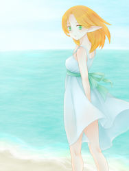 Rule 34 | 1girl, alternate costume, alternate hair length, alternate hairstyle, beach, blue dress, blue sky, breasts, commentary request, day, dress, elf, gensou suikoden, gensou suikoden iv, green eyes, ham pon, highres, long dress, looking at viewer, looking back, medium breasts, ocean, orange hair, outdoors, paula (suikoden), pointy ears, sky, sleeveless, sleeveless dress, solo, sundress