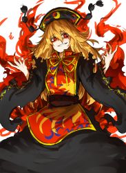 Rule 34 | 1girl, bad id, bad pixiv id, black dress, blonde hair, blood, bloody tears, chinese clothes, crescent, dress, energy, fingernails, fox tail, grin, hat, highres, junko (touhou), kankan33333, long fingernails, long hair, long sleeves, looking at viewer, multiple tails, nail polish, parted lips, pom pom (clothes), red eyes, red nails, sash, smile, solo, tabard, tail, touhou, white background, wide sleeves