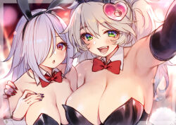 Rule 34 | 2girls, :o, absurdres, animal ears, armpits, blush, breasts, detached sleeves, fake animal ears, fangs, fingernails, gougasha akira, green eyes, grey hair, hand on own chest, highres, huge breasts, large breasts, leotard, long hair, multiple girls, nails, one eye covered, open mouth, original, playboy bunny, serious, sharp fingernails, shoulder grab, smile, twintails, white hair