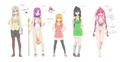 Rule 34 | &gt;:), 5girls, ahoge, alice (wet.elephant), alternate costume, animal ear legwear, anime coloring, anklet, apron, black footwear, black hair, black skirt, black socks, blonde hair, blue choker, blue eyes, breasts, brown footwear, cat ear legwear, center opening, character name, character sheet, cheng yuan mei, choker, clenched hand, clipboard, closed mouth, collared shirt, dr. white (wet.elephant), dress, drill hair, employee uniform, facial mark, forehead mark, formal, frilled choker, frills, full body, glasses, green apron, green eyes, hair down, hand on own hip, hands on own hips, height chart, highleg, highleg leotard, highres, huai diao me, jewelry, kneehighs, leotard, lineup, long hair, looking at viewer, medium breasts, messy hair, miniskirt, multiple girls, no bra, office lady, open mouth, original, pantyhose, pelvic curtain, pencil skirt, pink dress, pink hair, pink leotard, polka dot, polka dot dress, purple hair, revealing clothes, semi-rimless eyewear, shirt, short dress, silver hair, skirt, skirt suit, sleeves rolled up, smirk, smug, socks, staff, standing, suit, teacher, thighhighs, twin drills, twintails, under-rim eyewear, uniform, very long hair, wet.elephant, white background, white dress, xiao you, yellow eyes, yellow shirt, zettai ryouiki