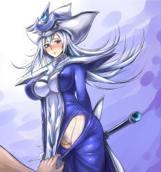 Rule 34 | 1girl, blue eyes, blush, breasts, clitoris, dress, embarrassed, erect clitoris, female focus, female pubic hair, groin, hat, highres, large breasts, long hair, pubic hair, pussy, shoulder pads, silent magician, solo, staff, sukumo (kemutai), sweat, uncensored, yu-gi-oh!