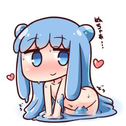Rule 34 | 1girl, all fours, blue eyes, blue hair, blush, chibi, closed mouth, collarbone, commentary request, convenient censoring, double bun, full body, hair bun, half slime-chan, hana kazari, heart, long hair, looking at viewer, monster girl, navel, nose blush, nude, original, slime girl, smile, solo, translation request, very long hair, white background