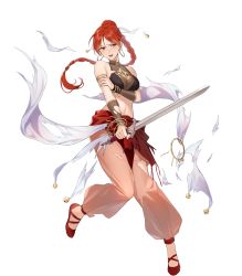 Rule 34 | 1girl, armlet, ballerina, bangle, bracelet, braid, breasts, cleavage, covered collarbone, dancer, earrings, facial mark, female focus, fire emblem, fire emblem: the sacred stones, fire emblem heroes, forehead mark, full body, highres, holding, holding sword, holding weapon, hoop earrings, jewelry, lips, long hair, makeup, matching hair/eyes, medium breasts, navel, nintendo, official art, red eyes, red footwear, red hair, red lips, see-through, single braid, smile, solo, stomach, sword, tethys (fire emblem), tokki, transparent background, weapon