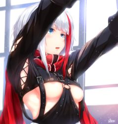Rule 34 | 1girl, :o, admiral graf spee (azur lane), areola slip, arms up, azur lane, black dress, blue eyes, blunt bangs, blush, breasts, clothing cutout, cross, dress, highres, iron cross, multicolored hair, open mouth, osterei, outstretched arms, red hair, red scarf, scarf, short hair, short hair with long locks, sidelocks, small breasts, solo, streaked hair, two-tone hair, underboob, underboob cutout, white hair