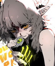 Rule 34 | 1girl, axehorn (ssambatea), blood, can, grey hair, highres, holding, holding can, horns, looking at viewer, monster energy, nosebleed, original, parted lips, pointy ears, ringed eyes, solo, ssambatea, sweat, upper body, white background, yellow eyes