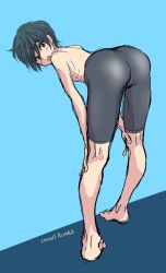 Rule 34 | 1boy, :o, artist name, ass, barefoot, bent over, black hair, black jammers, black male swimwear, blue background, brown eyes, chiha runba, from behind, full body, hands on own knees, high speed!, highres, jammers, kirishima ikuya, looking at viewer, looking back, male focus, male swimwear, simple background, solo, swimsuit, topless male