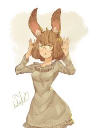 Rule 34 | aidenr0, animal ears, brown hair, rabbit ears, dress, glasses, green eyes, hands on own face, hands up