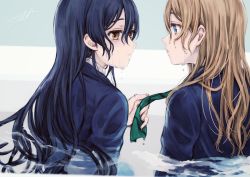 Rule 34 | 2girls, ayase eli, blonde hair, blue eyes, blue hair, commentary request, highres, long hair, long sleeves, looking at another, love live!, love live! school idol project, multiple girls, otonokizaka school uniform, ponytail, school uniform, sonoda umi, striped neckwear, suito, wet, wet clothes, wet hair, yellow eyes