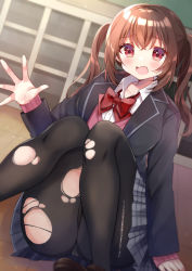 Rule 34 | 1girl, absurdres, arm support, ass, bad id, bad pixiv id, black jacket, black pantyhose, blazer, blush, bow, brown footwear, brown hair, collared shirt, commentary, dress shirt, fang, feet out of frame, grey skirt, hair between eyes, hand up, highres, jacket, knees up, loafers, long hair, long sleeves, minami saki, moe2021, on floor, open clothes, open jacket, open mouth, original, panties, panties under pantyhose, pantyhose, pink sweater, plaid, plaid bow, pleated skirt, red bow, red eyes, school uniform, shirt, shoes, skirt, sleeves past wrists, solo, sweater, torn clothes, torn pantyhose, twintails, underwear, white panties, white shirt