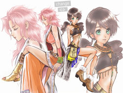 Rule 34 | 10s, 2girls, bare shoulders, belt, boots, bracelet, brown hair, ebba, closed eyes, female focus, final fantasy, final fantasy xiii, green eyes, jewelry, long hair, miniskirt, multiple girls, oerba dia vanille, oerba yun fang, palette swap, personality switch, pink hair, short twintails, skirt, switch, tattoo, twintails