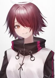Rule 34 | 1girl, arknights, black sleeves, commentary, exusiai (arknights), hair over one eye, halo, highres, jacket, looking at viewer, portrait, red hair, short hair, simple background, smile, solo, suiua, twitter username, white background, white jacket, yellow eyes