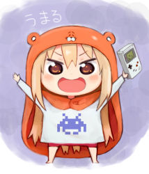 Rule 34 | 10s, 1girl, :d, arms up, blonde hair, blush, brown eyes, character name, chibi, doma umaru, game boy, game boy (original), gradient background, hamster costume, handheld game console, himouto! umaru-chan, hiro1984, hood, komaru (himouto! umaru-chan), long hair, looking at viewer, open mouth, smile, solo, space invaders, tetris