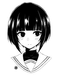 Rule 34 | 1girl, alzcats, bad id, bad pixiv id, blunt bangs, blush, bob cut, commentary, cropped shoulders, english commentary, expressionless, flower, greyscale, highres, idolmaster, idolmaster cinderella girls, looking to the side, monochrome, portrait, sailor collar, school uniform, shirayuki chiyo, short hair, simple background, solo, white background