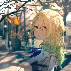 Rule 34 | 1girl, absurdres, antlers, autumn leaves, blurry, blurry background, braid, braided bangs, branch, ceres fauna, day, eyes visible through hair, flower, from side, green hair, hair between eyes, hair flower, hair ornament, highres, holocouncil, hololive, hololive english, horns, jl tan, long hair, looking at viewer, mole, mole under eye, multicolored hair, outdoors, parted lips, single braid, solo, streaked hair, upper body, virtual youtuber, yellow eyes