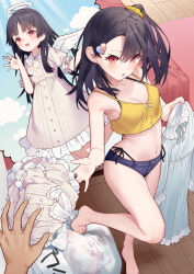 Rule 34 | 1boy, 1girl, :d, angel, angel wings, barefoot, bed, before and after, black hair, black panties, blue dress, blue shorts, breasts, broken heart, brown dress, camisole, cleavage, commentary request, dress, feathered wings, frilled dress, frills, hair ornament, hair scrunchie, halo, hands up, heart, heart hair ornament, highleg, highleg panties, medium breasts, micro shorts, multicolored hair, navel, one side up, open mouth, original, panties, parted lips, puffy short sleeves, puffy sleeves, purple hair, red eyes, scrunchie, short shorts, short sleeves, shorts, side-tie panties, smile, standing, standing on one leg, tokuno yuika, trash bag, trembling, two-tone hair, underwear, white wings, wings, wooden floor, yellow camisole, yellow scrunchie