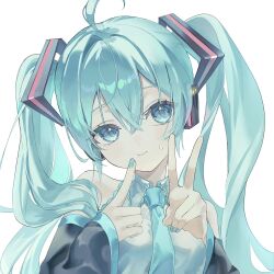 Rule 34 | 1girl, absurdres, ahoge, bare shoulders, black sleeves, blue eyes, blue hair, blue nails, blue necktie, blue trim, blush, closed mouth, collared shirt, confused, detached sleeves, eyelashes, finger to face, fingernails, hair between eyes, hatsune miku, headset, highres, light blush, long hair, looking at viewer, nail polish, necktie, shirt, sidelocks, simple background, single hair intake, square, sweat, tetra mmm, twintails, v, vocaloid, white background, white shirt, wide sleeves