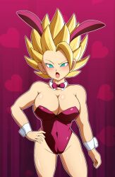 Rule 34 | 1girl, :o, animal ears, aqua eyes, arm at side, bare shoulders, blonde hair, blue eyes, bow, bowtie, breasts, cameltoe, caulifla, chikinkun, cleavage, cleft of venus, covered navel, detached collar, dragon ball, dragon ball super, embarrassed, fake animal ears, feet out of frame, female focus, hand on own hip, highres, large breasts, legs, leotard, looking at viewer, open mouth, playboy bunny, pussy, rabbit ears, red background, simple background, solo, spiked hair, standing, super saiyan, thighs, wrist cuffs