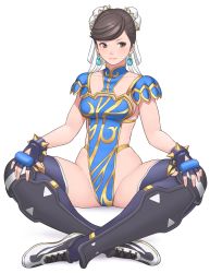 Rule 34 | 1girl, black thighhighs, bracelet, breasts, capcom, chun-li, closed mouth, commentary request, double bun, earrings, fingerless gloves, full body, gloves, hair bun, highres, jewelry, leotard, lips, medium breasts, official alternate costume, parted bangs, shigenobu, simple background, sitting, sleeveless, smile, solo, spiked bracelet, spikes, street fighter, thighhighs, white background, wrestling outfit