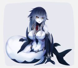 Rule 34 | 1girl, bare shoulders, black sclera, blue hair, breasts, colored sclera, colored skin, commentary, fins, full body, gills, gradient hair, large breasts, long hair, looking at viewer, mermaid, mershark (monster girl encyclopedia), monster girl, monster girl encyclopedia, multicolored hair, navel, parted lips, shark girl, silver hair, simple background, slit pupils, solo, white skin, yellow eyes, yonaga san