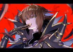 Rule 34 | 1boy, armor, black armor, black feathers, brown hair, card, feathers, holding, holding card, male focus, red background, sketch, solo, supreme king (yu-gi-oh! gx), trading card, upper body, yellow eyes, yoshio 296, yu-gi-oh!, yu-gi-oh! gx, yuki judai